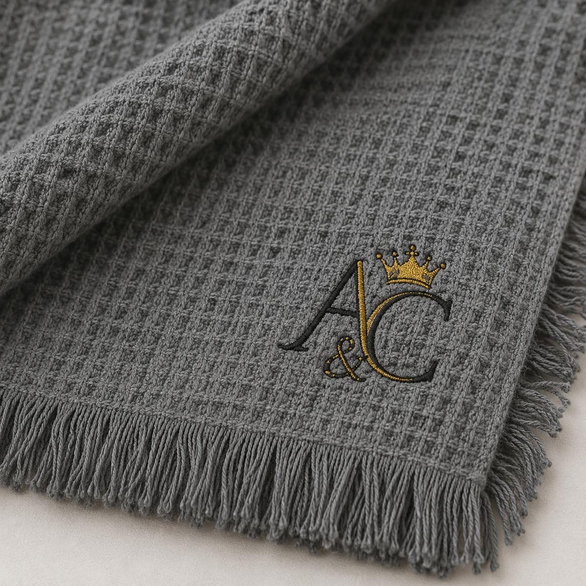 A&C Signature Cotton Waffle Throw — Embroidered 100% Cotton Fringe Blanket