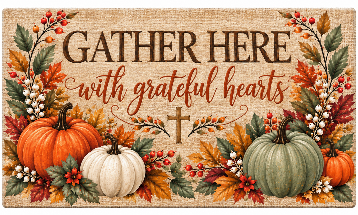 Gather Here with Grateful Hearts Fall Doormat