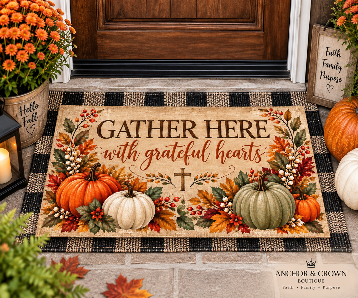 Gather Here with Grateful Hearts Fall Doormat