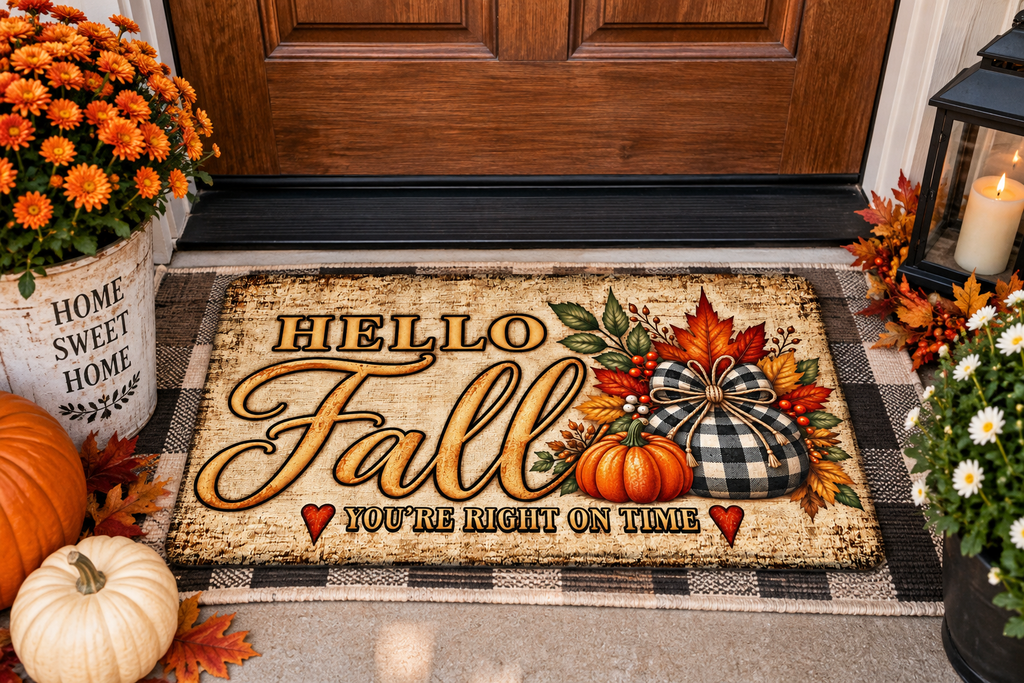 Hello Fall You’re Right on Time Doormat | 18×30 Autumn Entry Mat