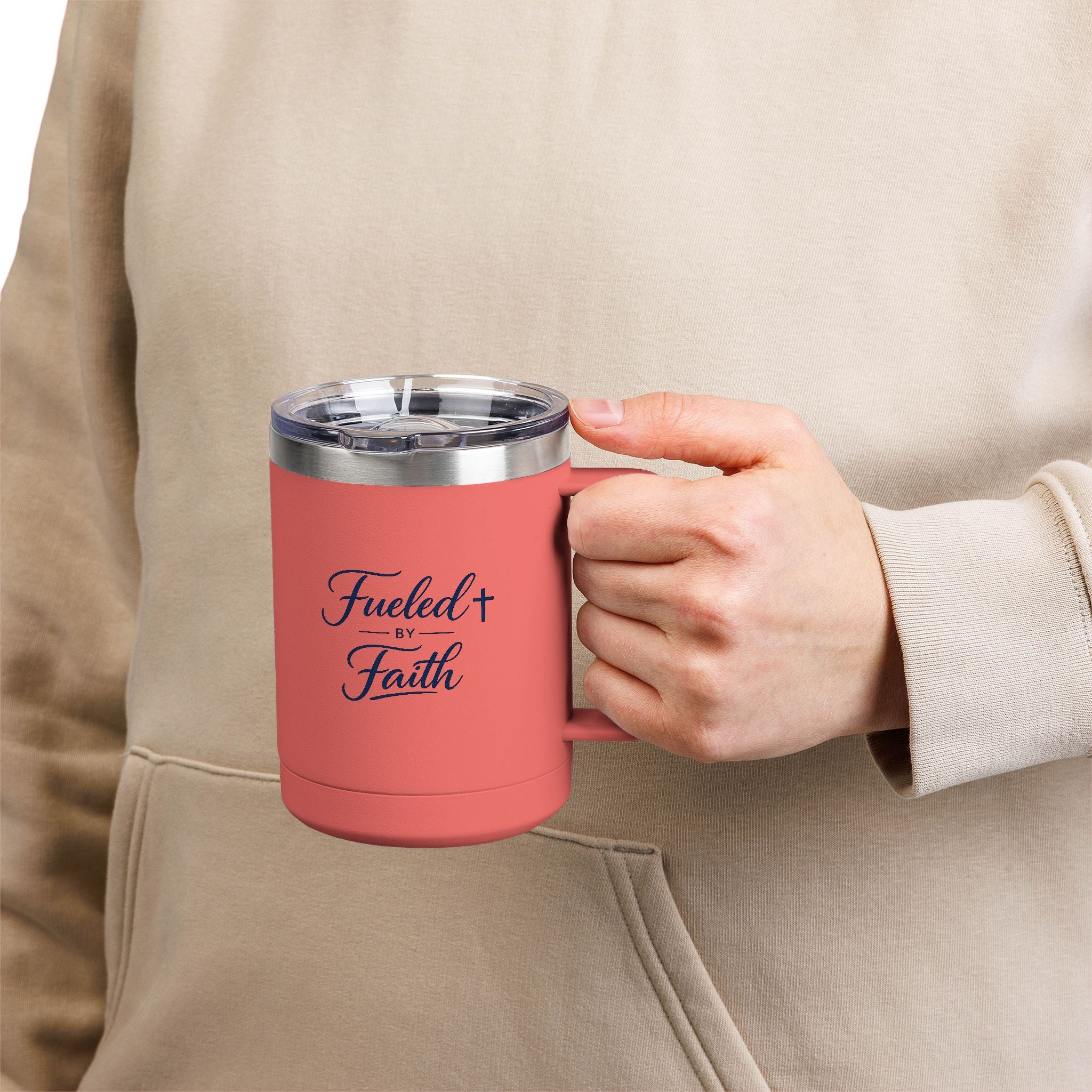 Fueled by Faith™ 15oz Insulated Coffee Tumbler with Handle & Lid | Stainless Steel Travel Mug