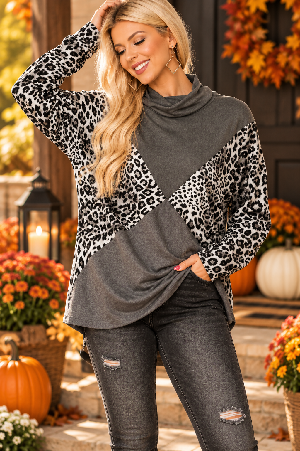 Animal Print Mixed-Knit Turtleneck Top