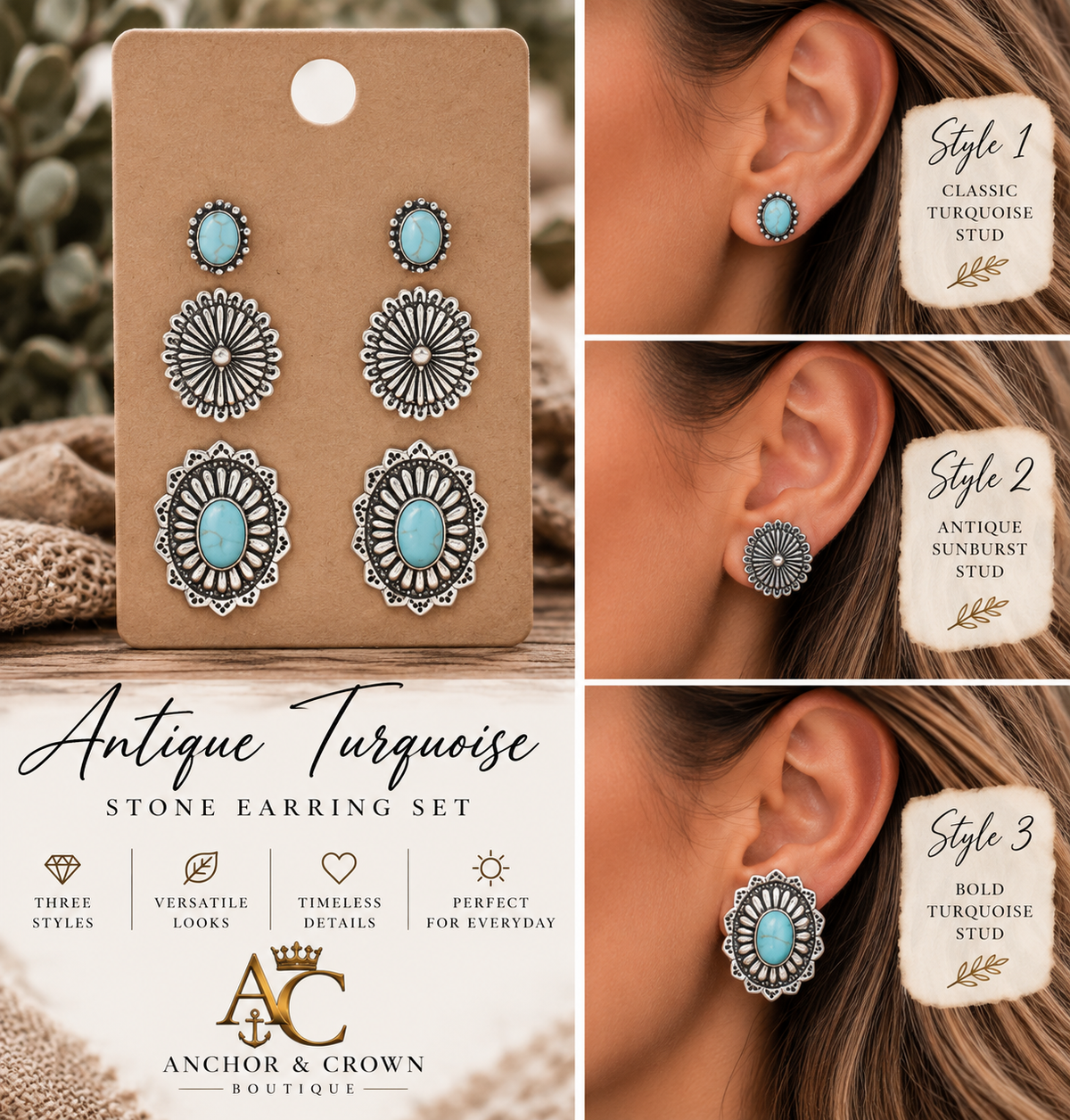 Antique Turquoise Stone Earring Set