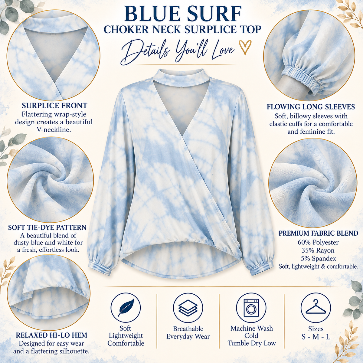 Blue Surf Choker Neck Surplice Top