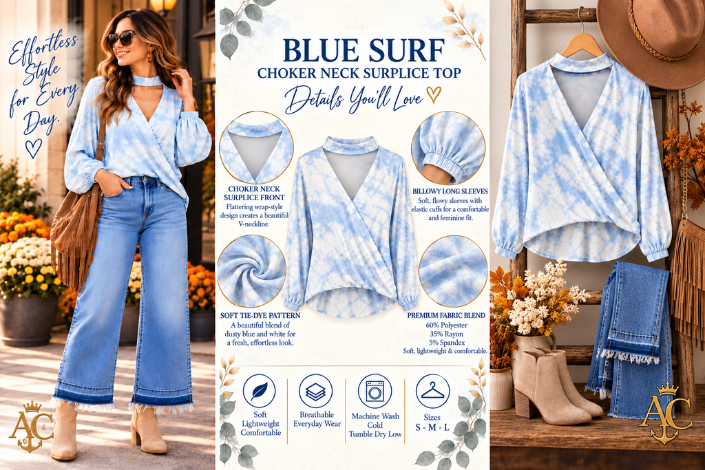 Blue Surf Choker Neck Surplice Top