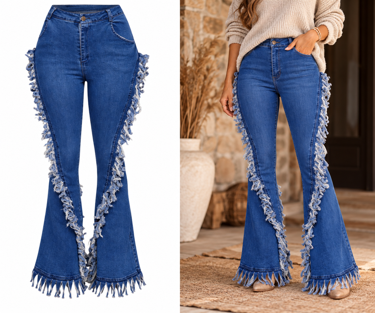 Blue Horizon Distressed Fringe Flare Jeans