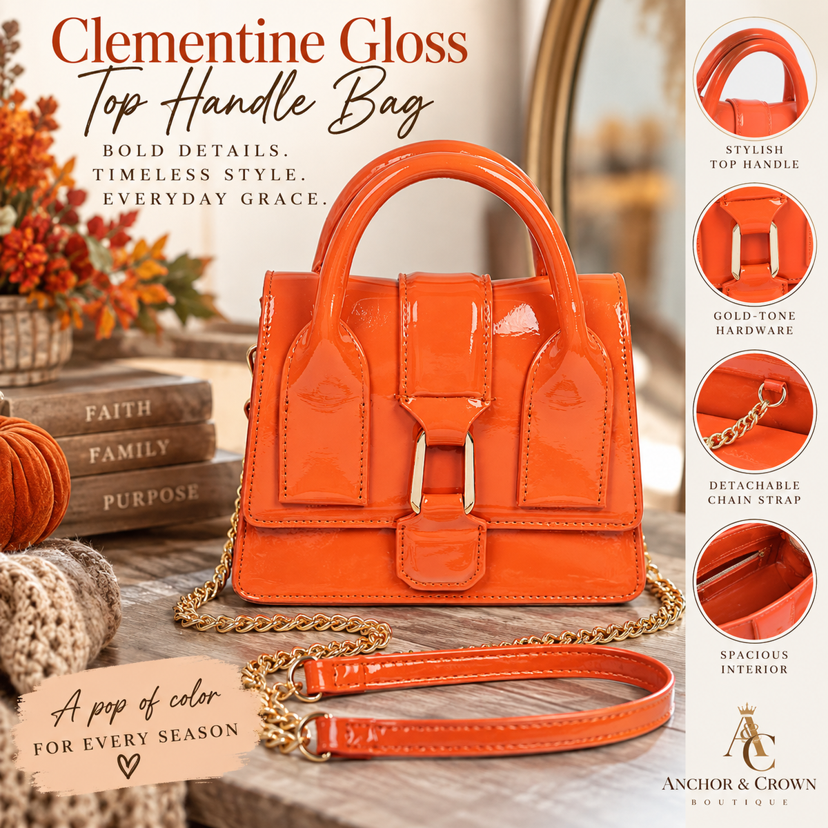 Clementine Gloss Top Handle Bag
