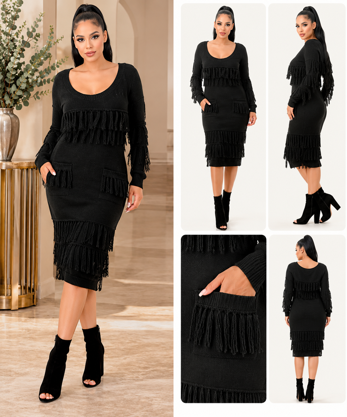 Fringe & Flow Knit Midi Dress