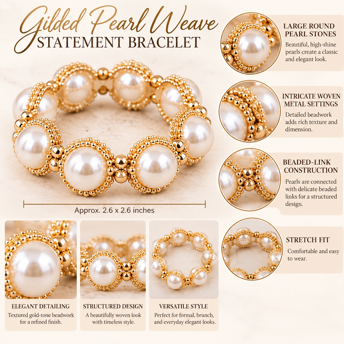 Gilded Pearl Weave Statement Bracelet