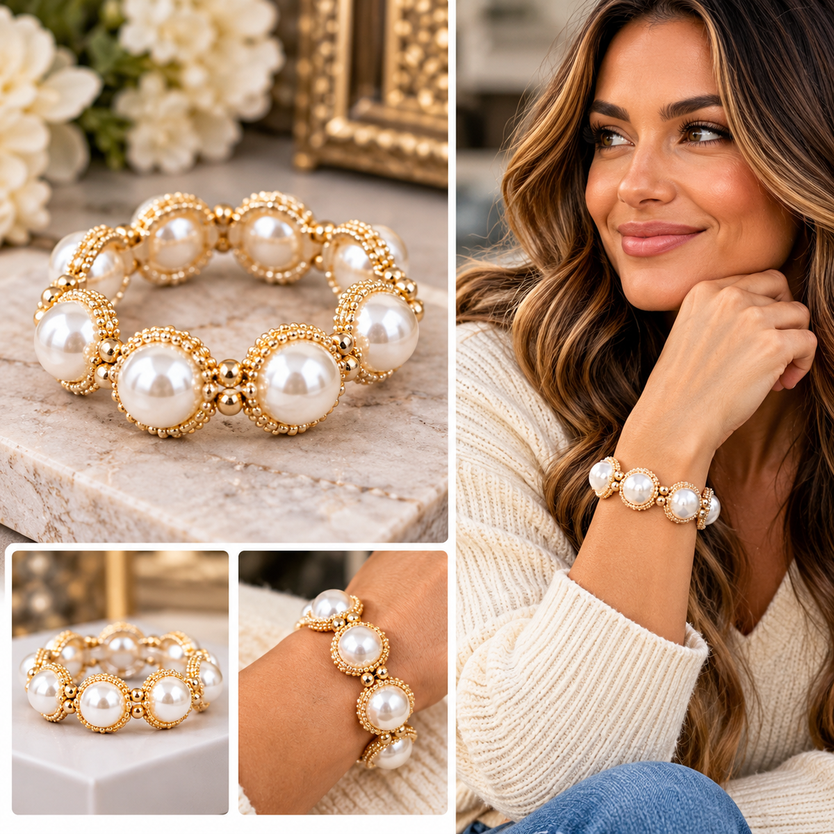 Gilded Pearl Weave Statement Bracelet