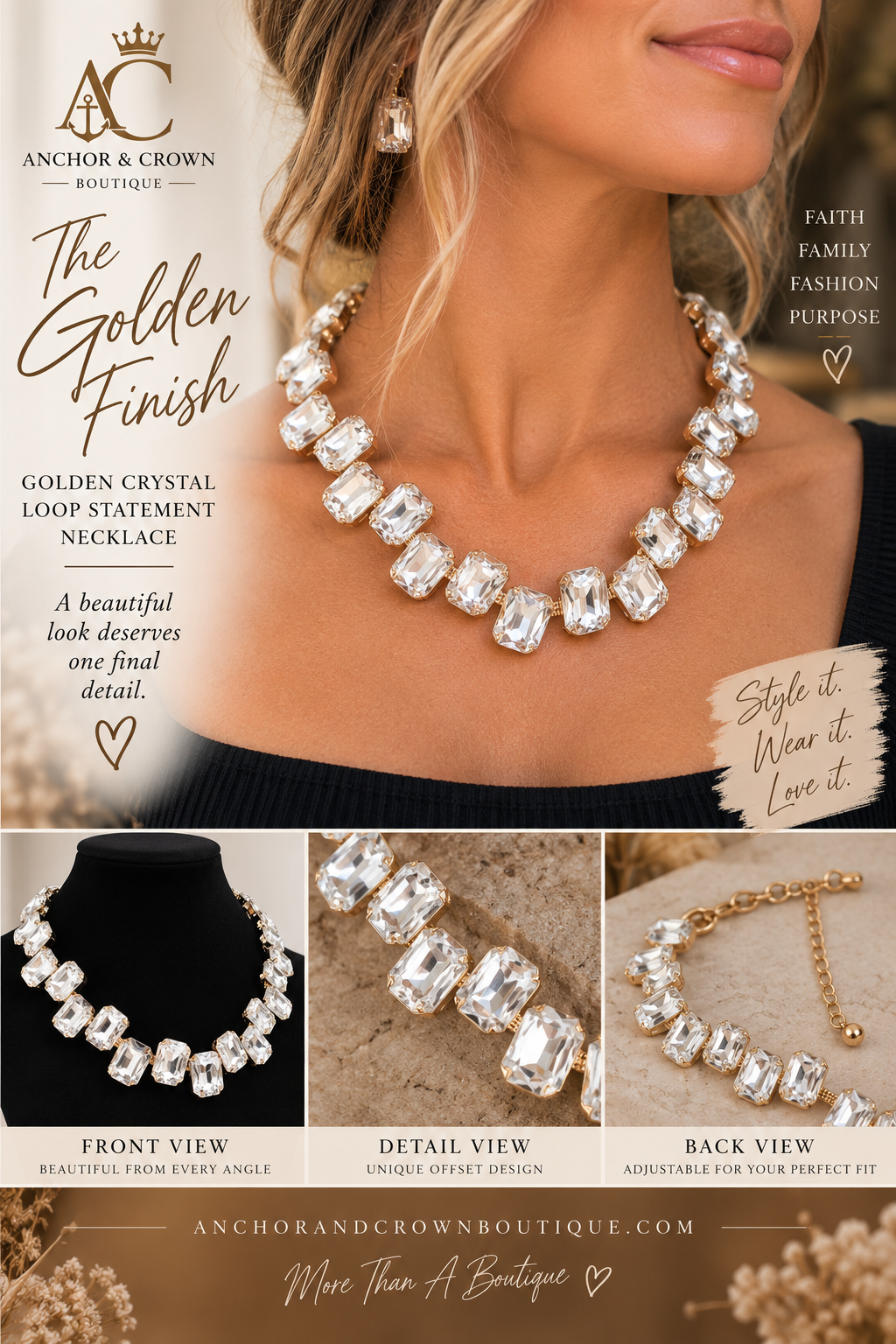 Golden Crystal-Look Statement Necklace