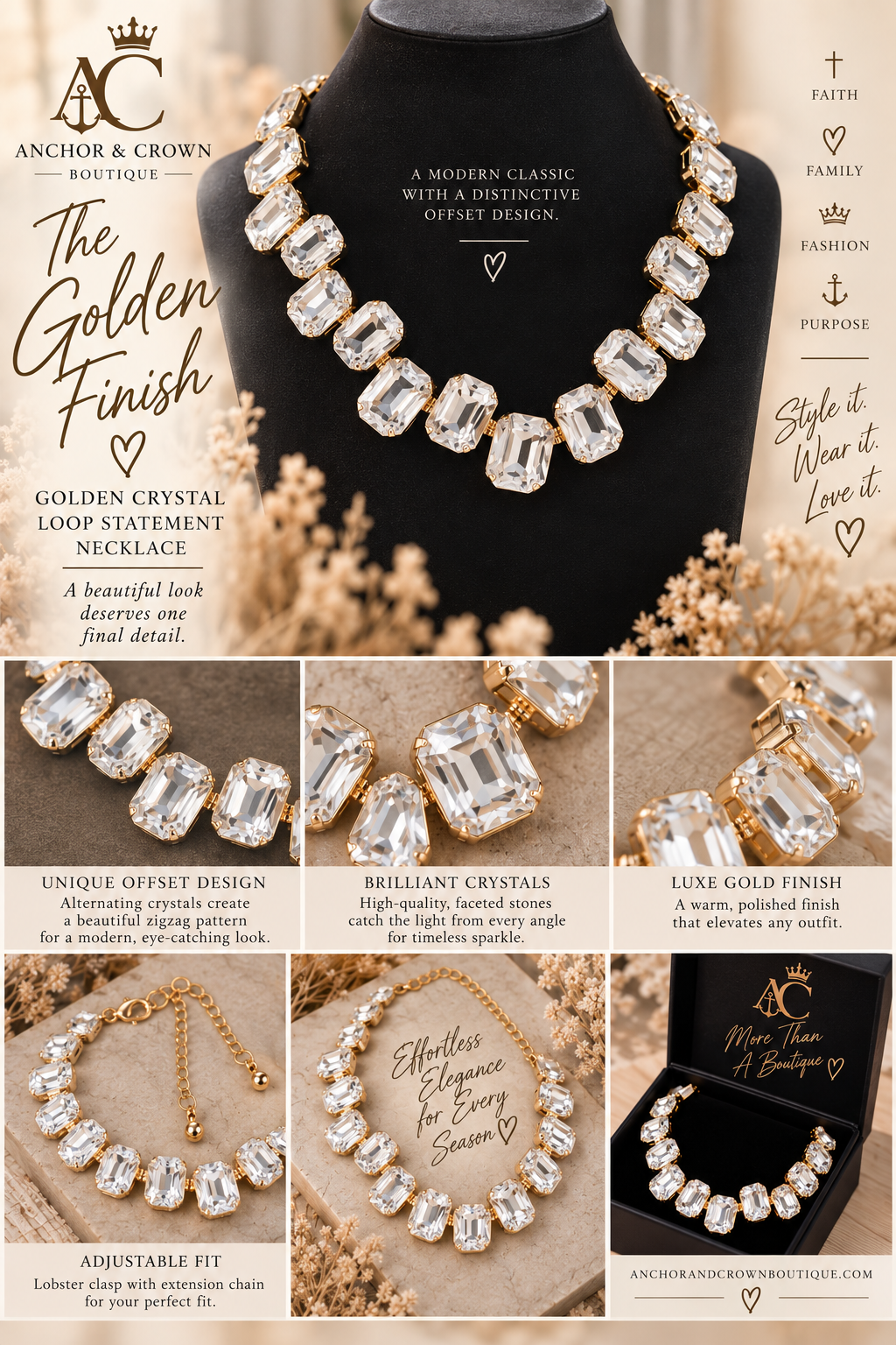 Golden Crystal-Look Statement Necklace