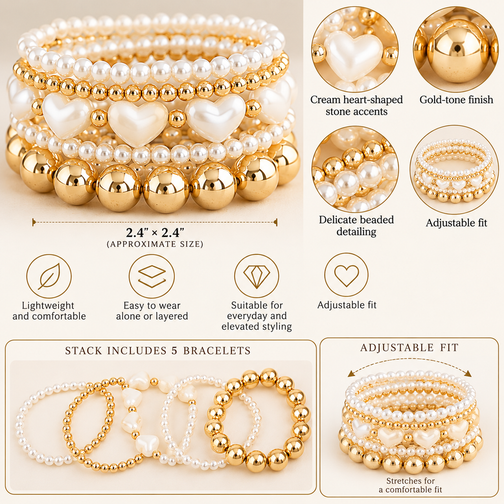 Golden Heart Stone Beaded Bracelet Set