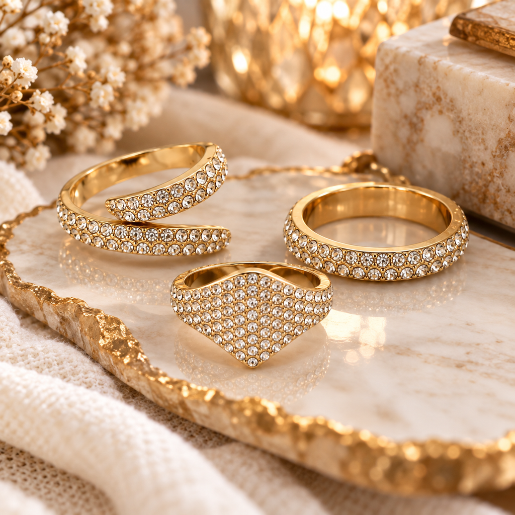 Golden Spark Rhinestone Ring Set