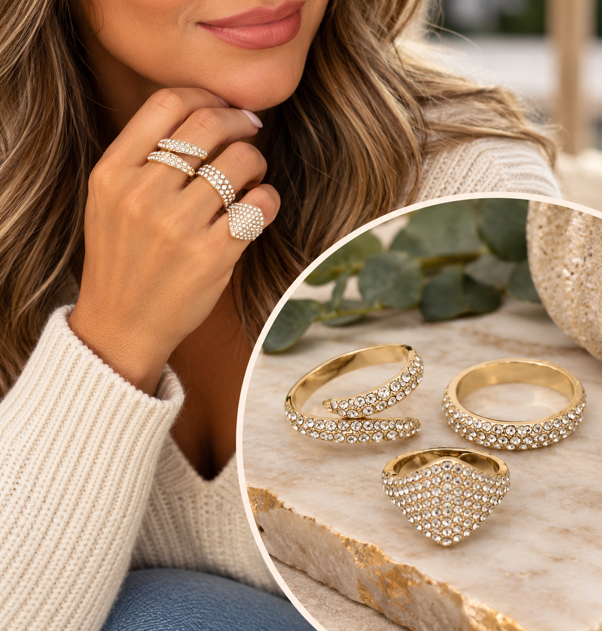 Golden Spark Rhinestone Ring Set