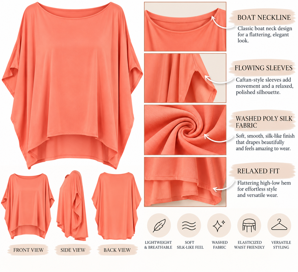 Graceful Ease™ Washed Poly Silk Boat Neck Caftan Top