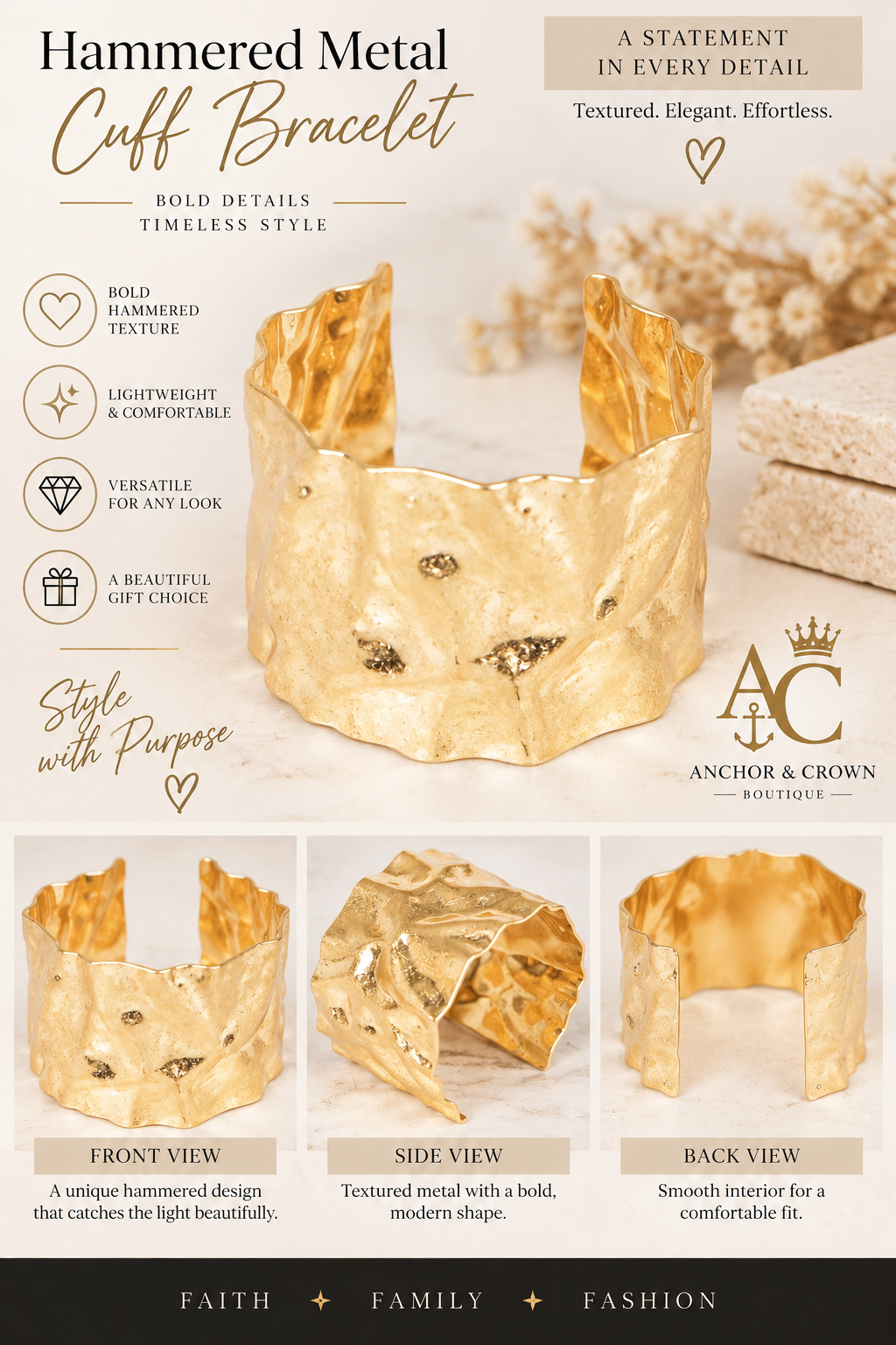 Gold Hammered Metal Cuff Bracelet