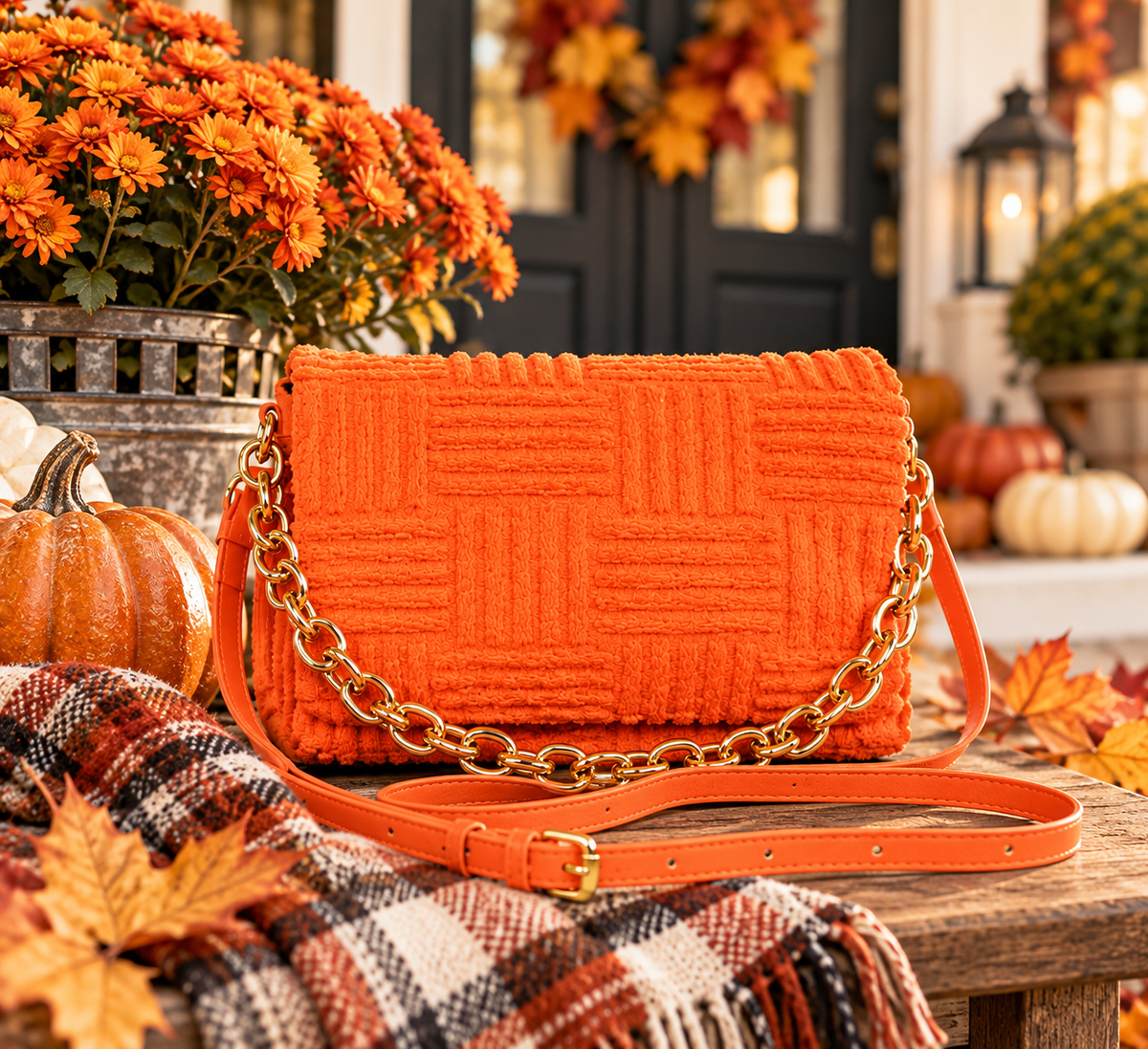 Harvest Ember Embossed Chain Flap Bag