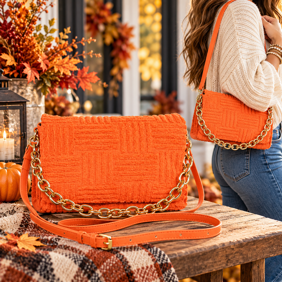 Harvest Ember Embossed Chain Flap Bag