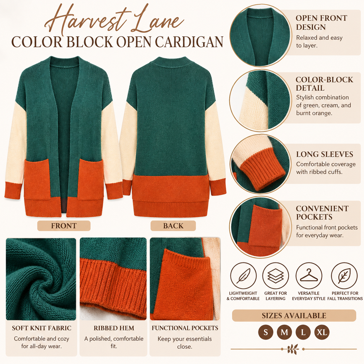 Harvest Lane Color Block Open Cardigan
