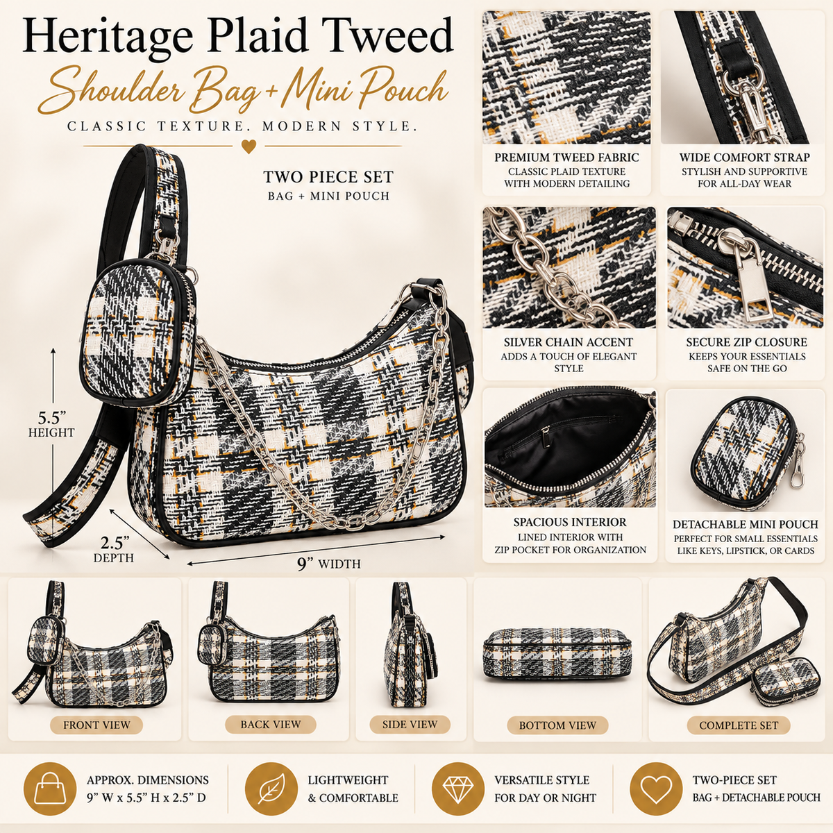 Heritage Plaid Tweed Shoulder Bag + Mini Pouch