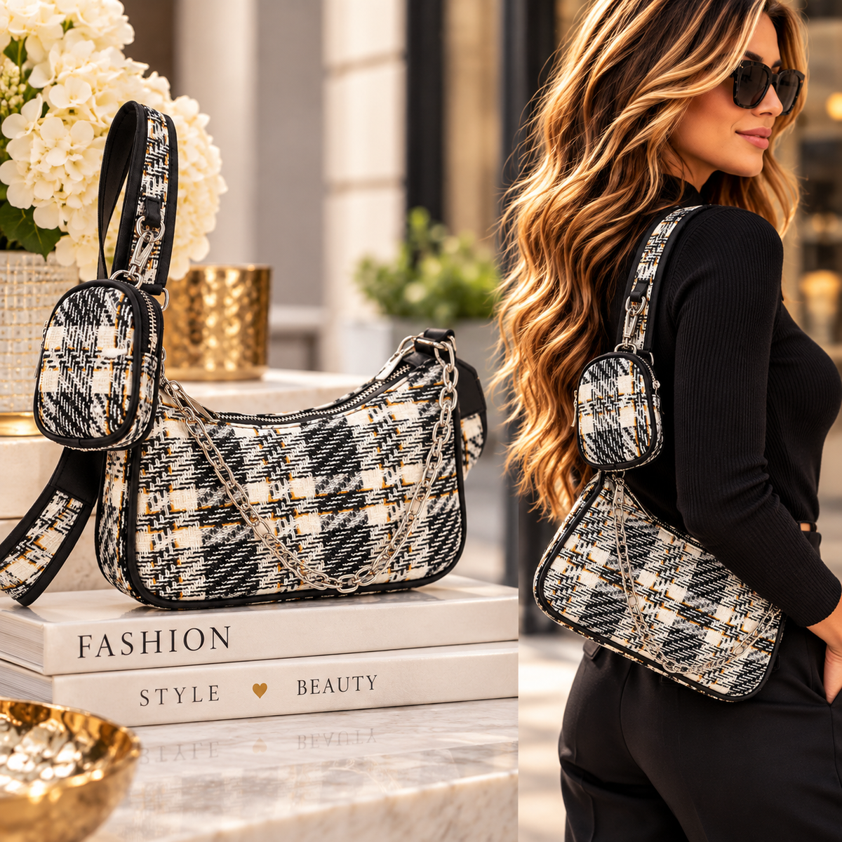 Heritage Plaid Tweed Shoulder Bag + Mini Pouch