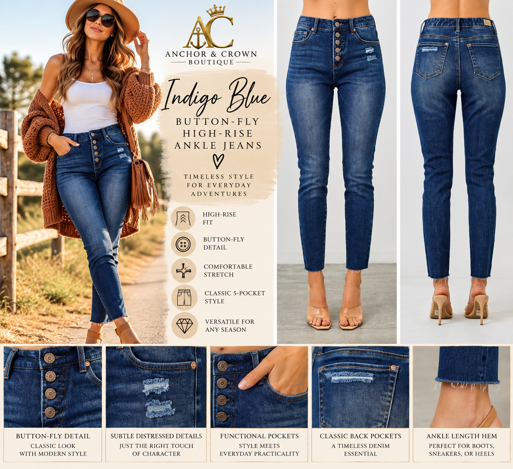 Indigo Button-Fly High-Rise Ankle Skinny Jeans