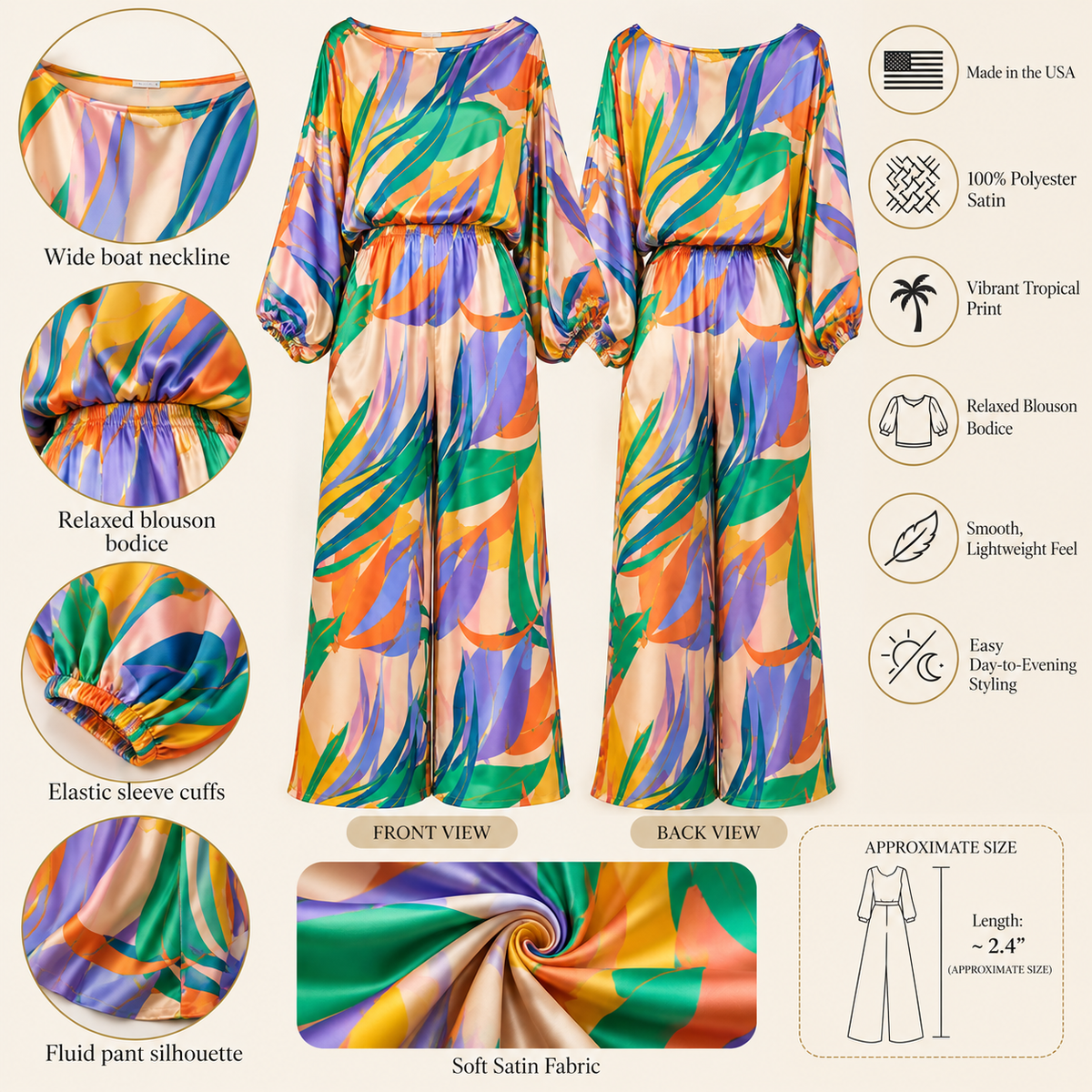 Isla Glow Tropical Satin Blouson Jumpsuit