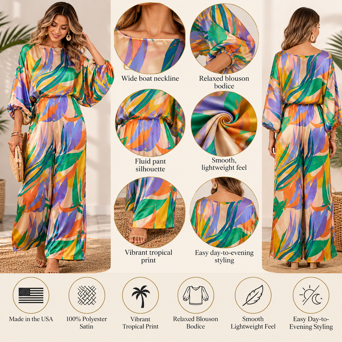 Isla Glow Tropical Satin Blouson Jumpsuit