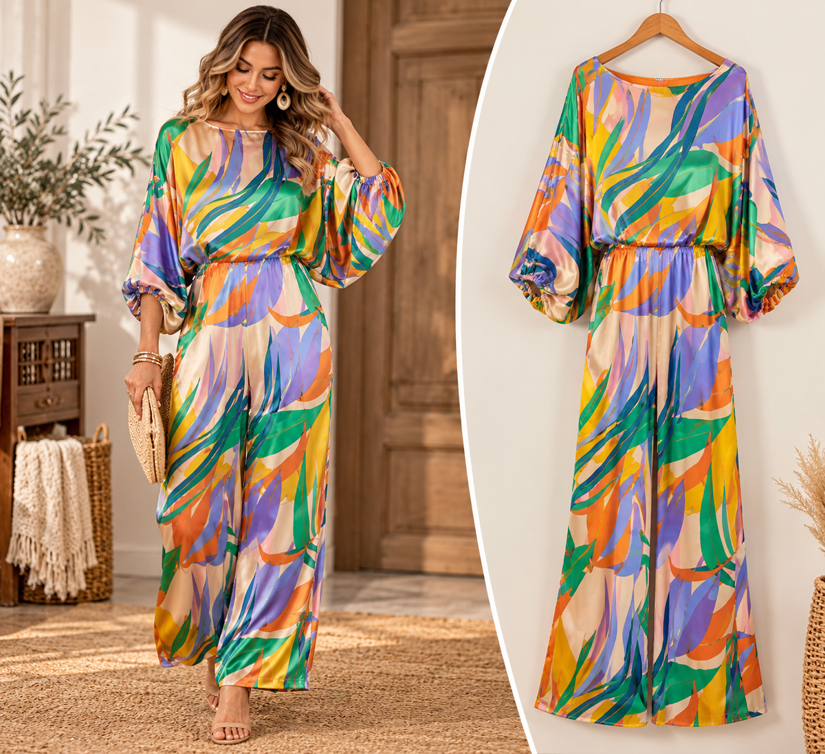 Isla Glow Tropical Satin Blouson Jumpsuit