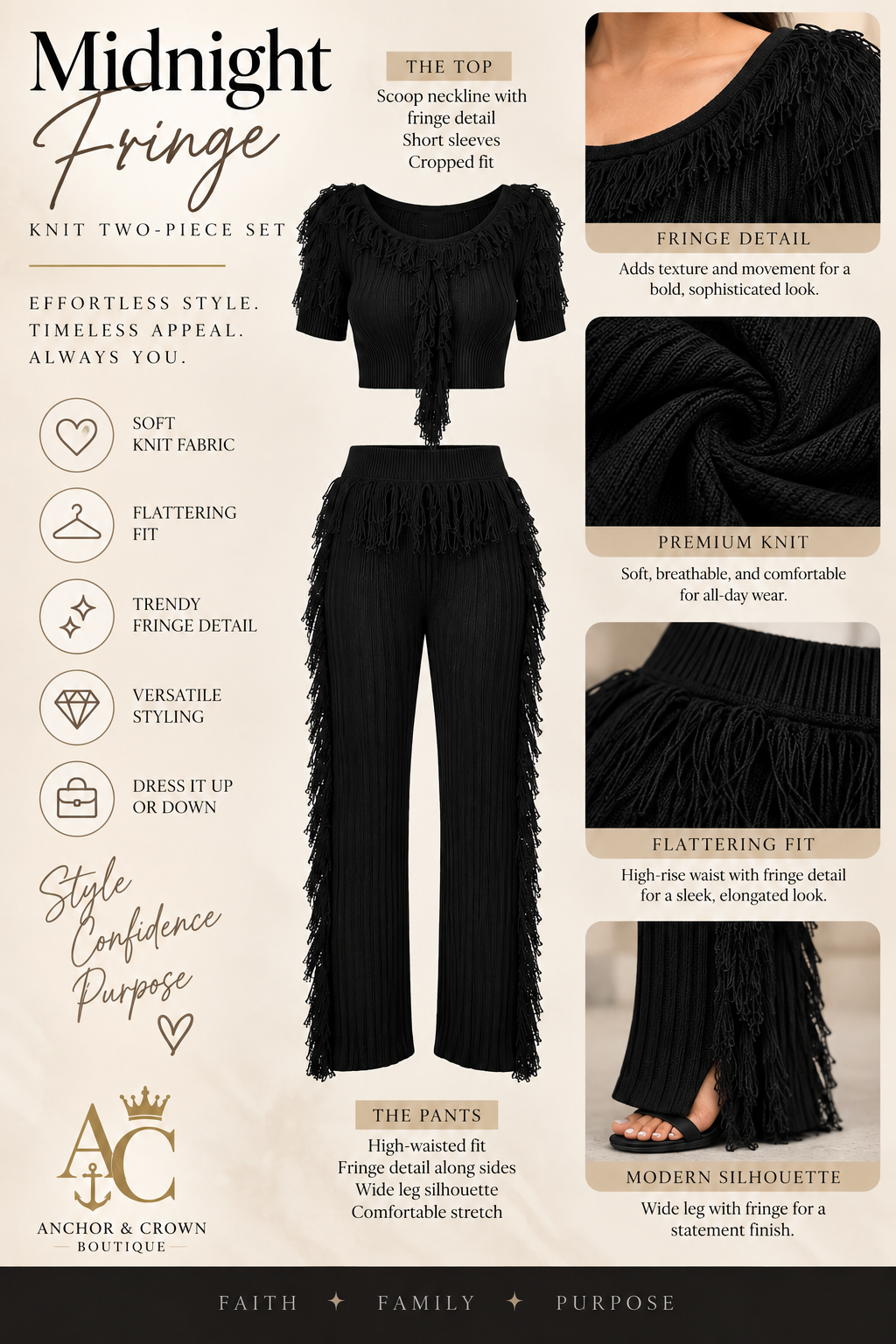 Midnight Fringe Knit Two-Piece Pant Set