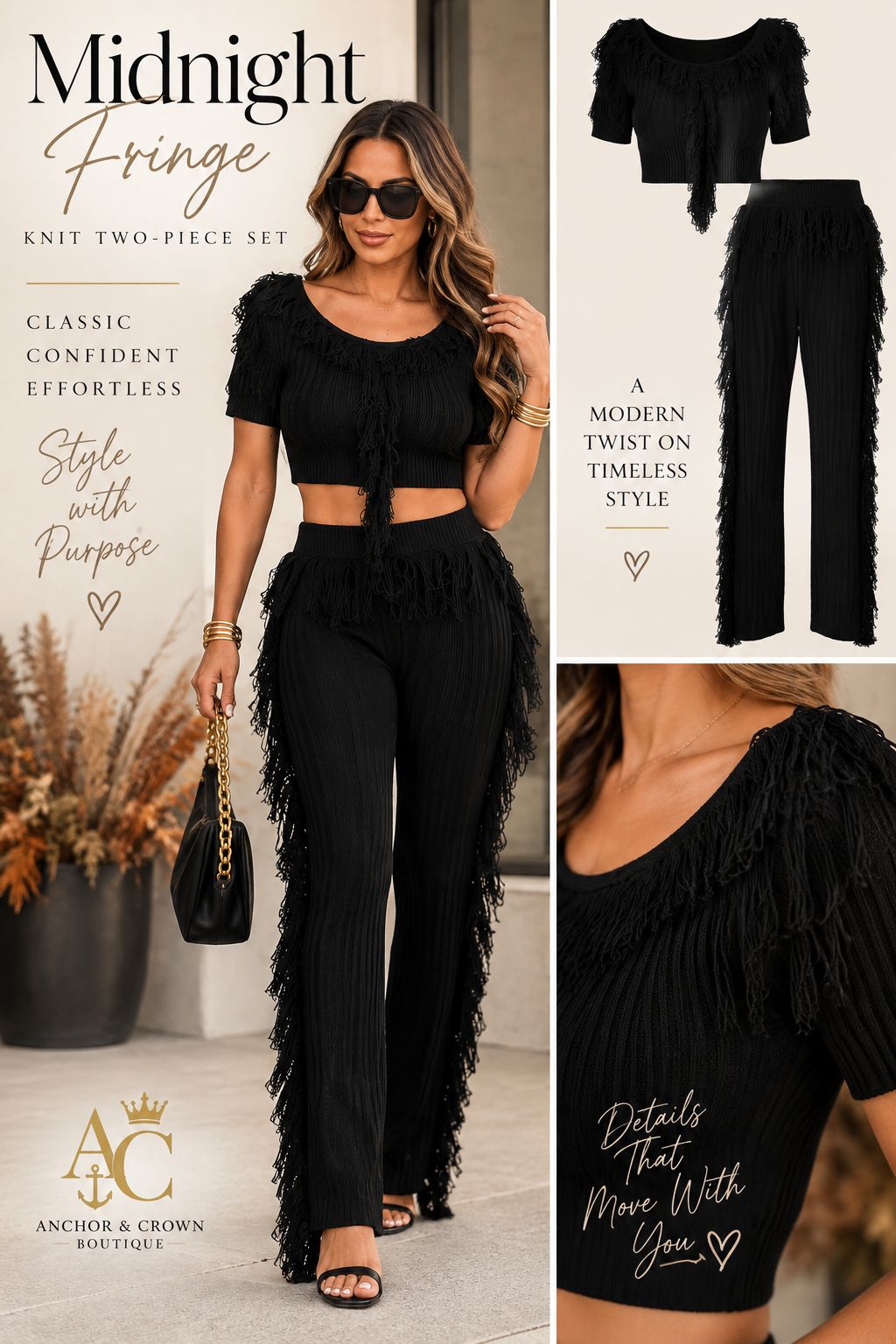 Midnight Fringe Knit Two-Piece Pant Set