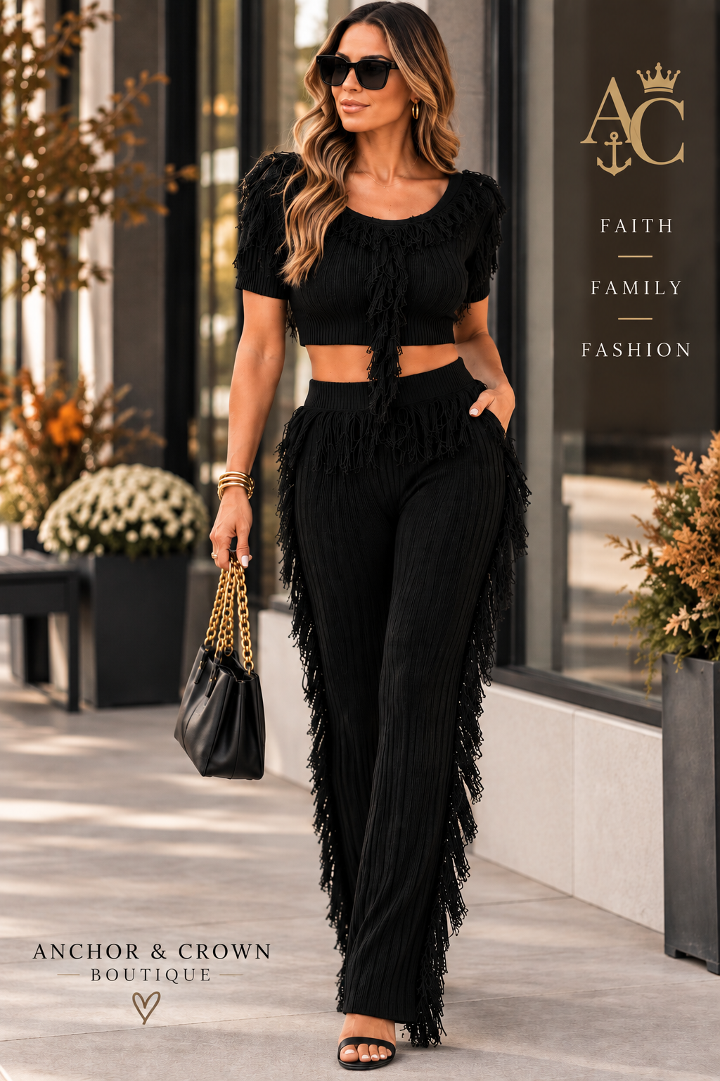 Midnight Fringe Knit Two-Piece Pant Set
