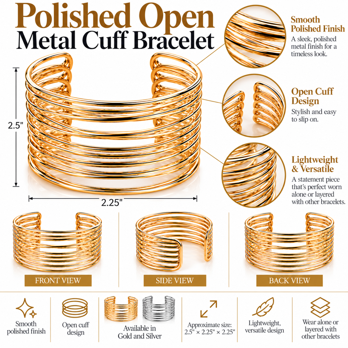 Polished Open Metal Cuff Bracelet