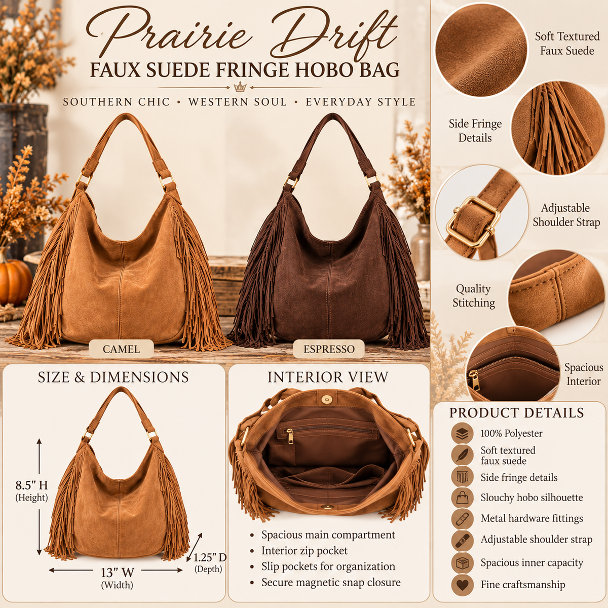 Prairie Drift Faux Suede Fringe Hobo Bag