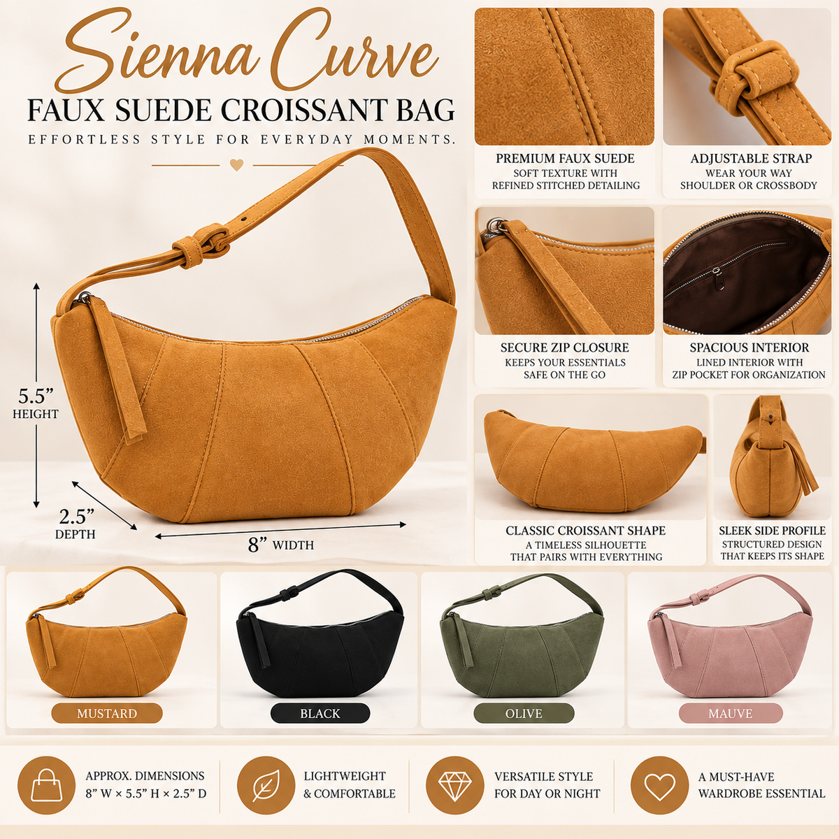 Sienna Curve Faux Suede Croissant Bag