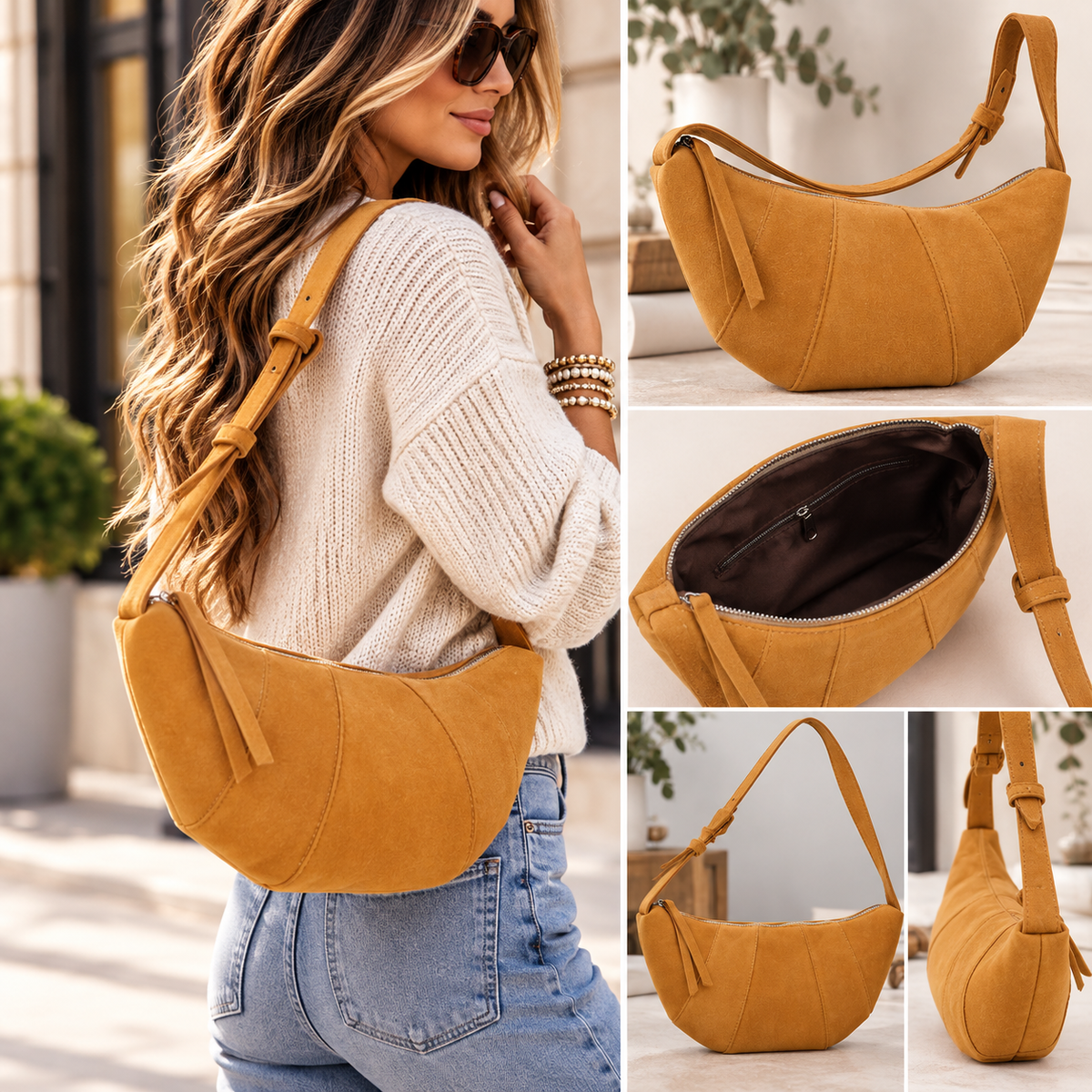 Sienna Curve Faux Suede Croissant Bag