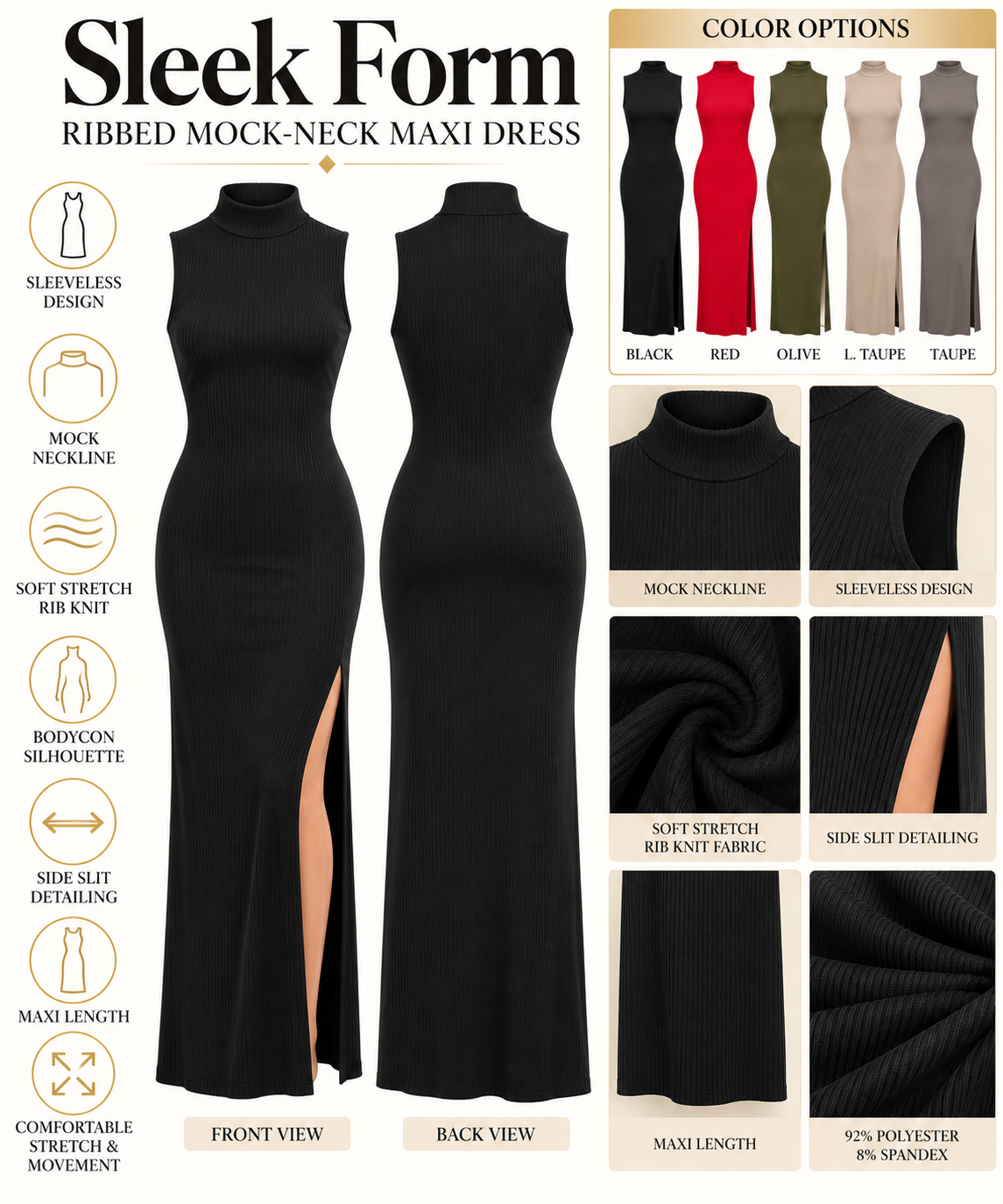 Sleek Form Ribbed Mock-Neck Maxi Dress