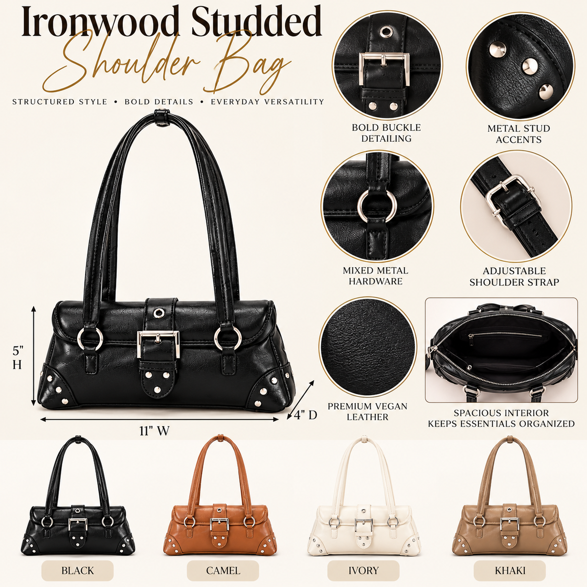 Vegan Leather Metal Studded Shoulder Bag