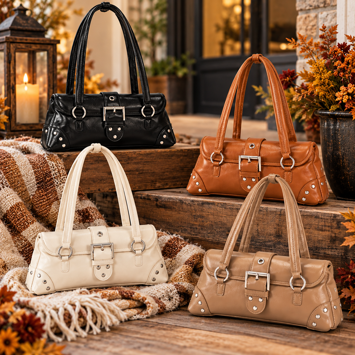 Vegan Leather Metal Studded Shoulder Bag