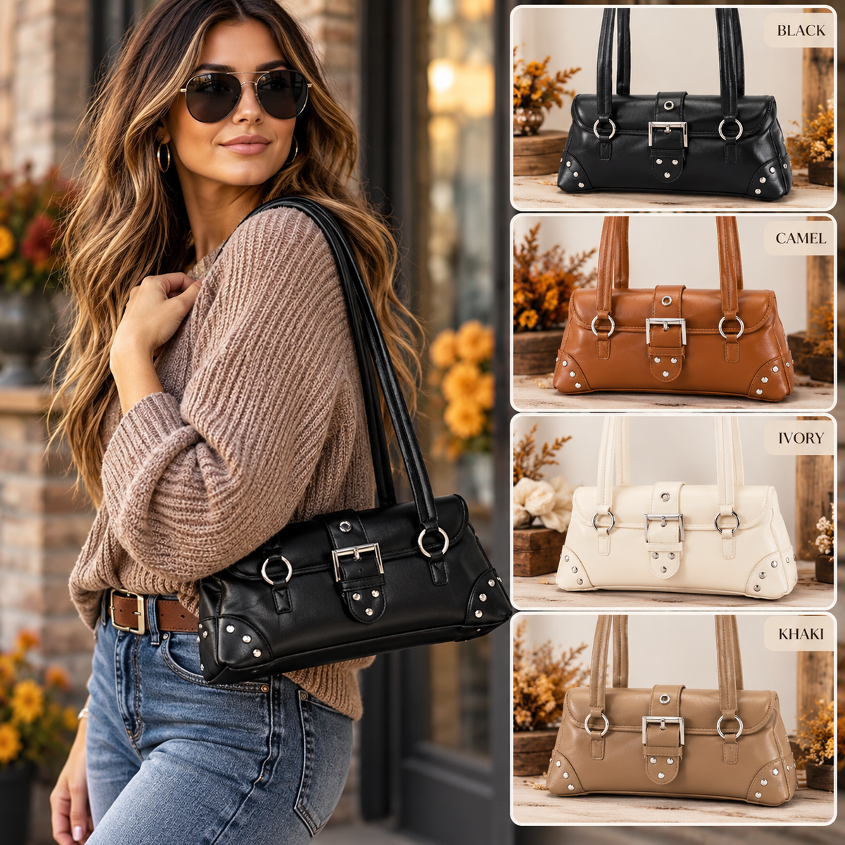 Vegan Leather Metal Studded Shoulder Bag